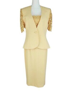 Karen Miller 3 Pc Yellow Skirt Suit Lace Jacket Top Size 8